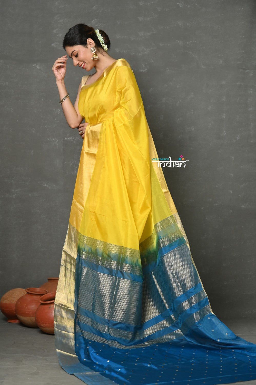Very Much Indian Handloom Pure Cotton Silk Saree With Golden Border - Yellow | Swadesiicart
