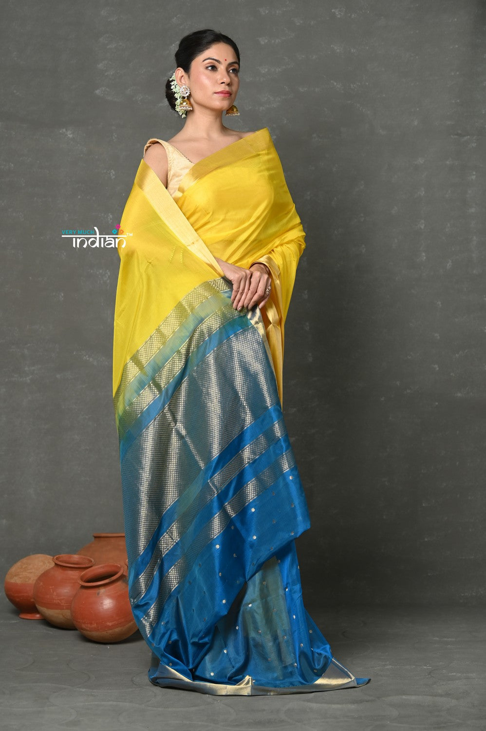 Very Much Indian Handloom Pure Cotton Silk Saree With Golden Border - Yellow | Swadesiicart