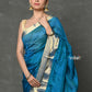 Very Much Indian Handloom Pure Cotton Silk Saree With Golden Border - Blue | Swadesiicart