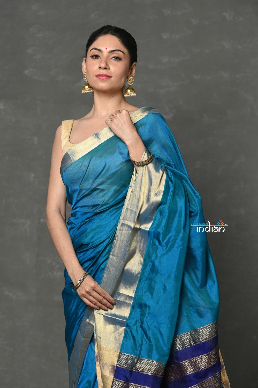 Very Much Indian Handloom Pure Cotton Silk Saree With Golden Border - Blue | Swadesiicart
