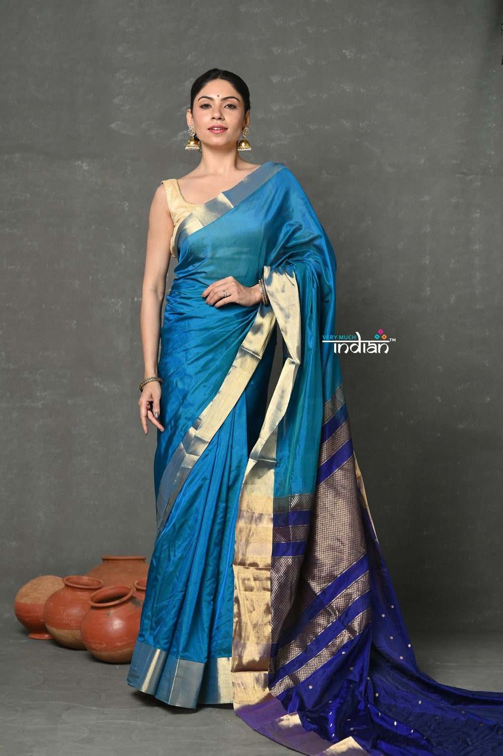 Very Much Indian Tyohaar - Handloom Pure Chanderi Cotton Silk Saree With Golden Border - Blue | Swadesiicart