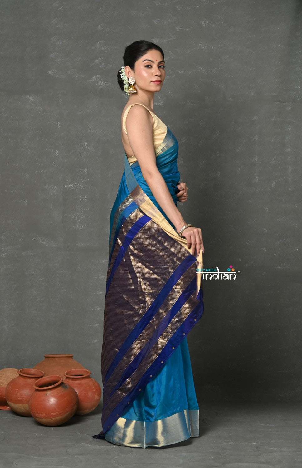 Very Much Indian Tyohaar - Handloom Pure Chanderi Cotton Silk Saree With Golden Border - Blue | Swadesiicart