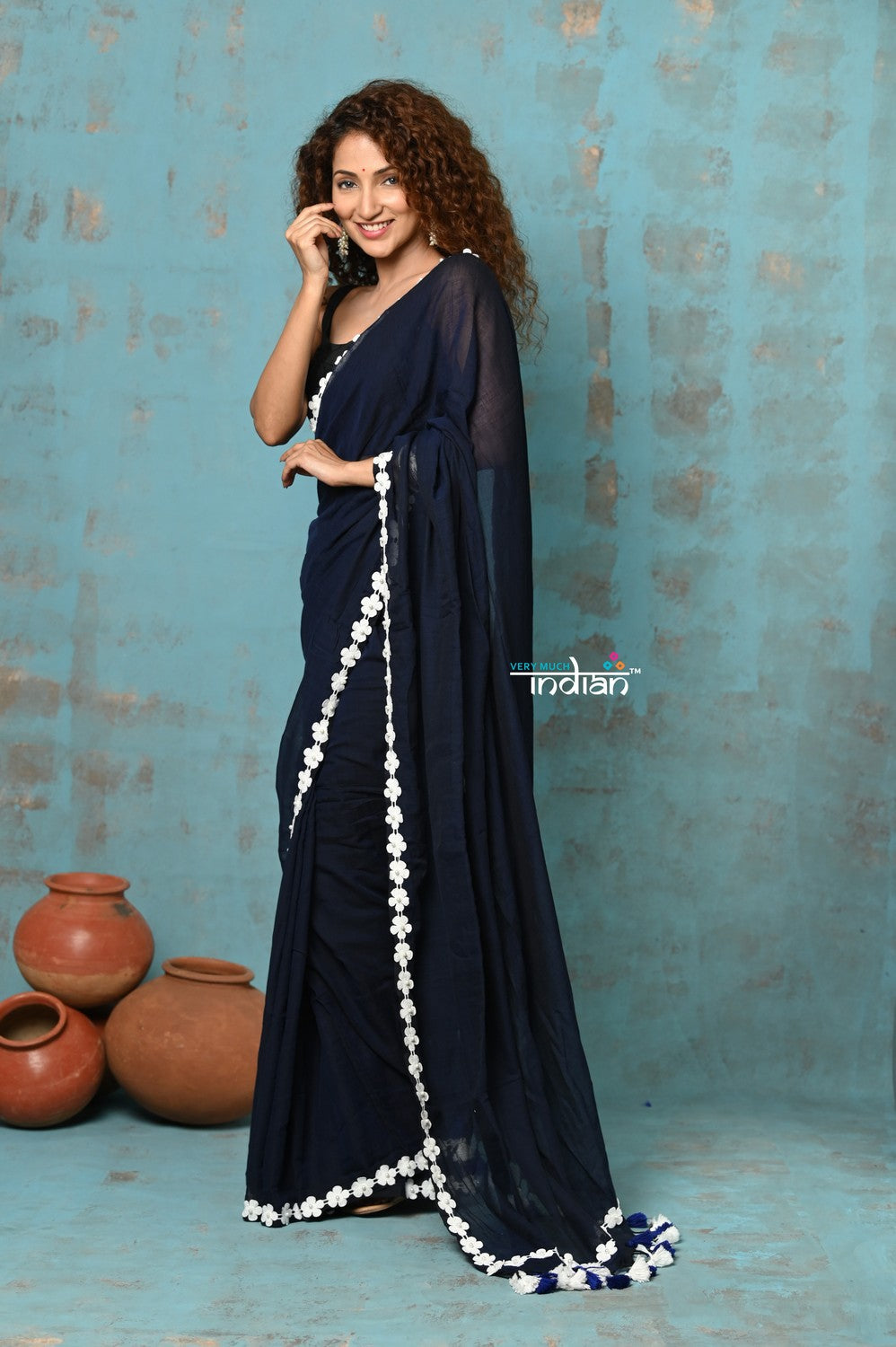 Very Much Indian Taapsee - Designer! Pure Mul Cotton Saree with Sleek Border - Dark Blue | Swadesiicart