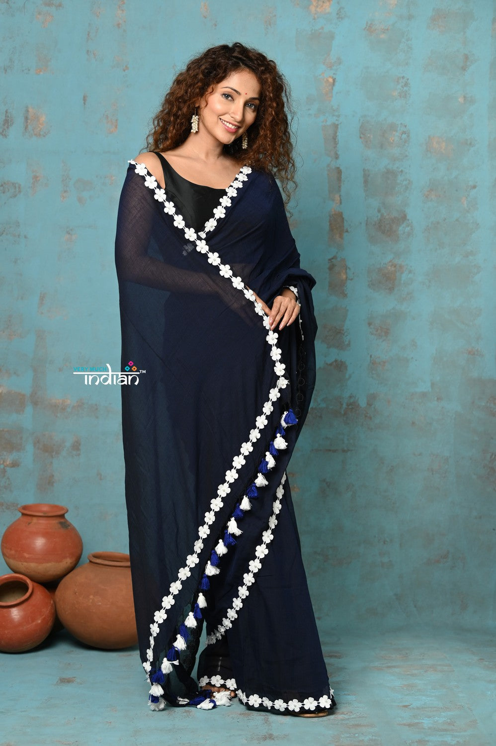 Very Much Indian Taapsee - Designer! Pure Mul Cotton Saree with Sleek Border - Dark Blue | Swadesiicart