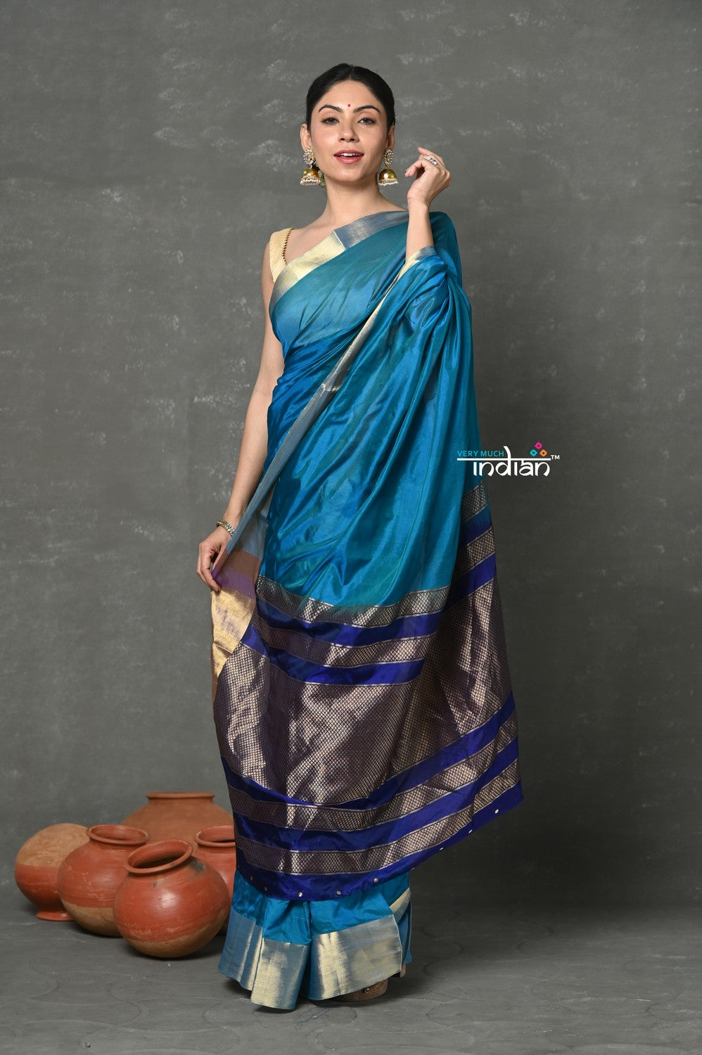 Very Much Indian Handloom Pure Cotton Silk Saree With Golden Border - Blue | Swadesiicart