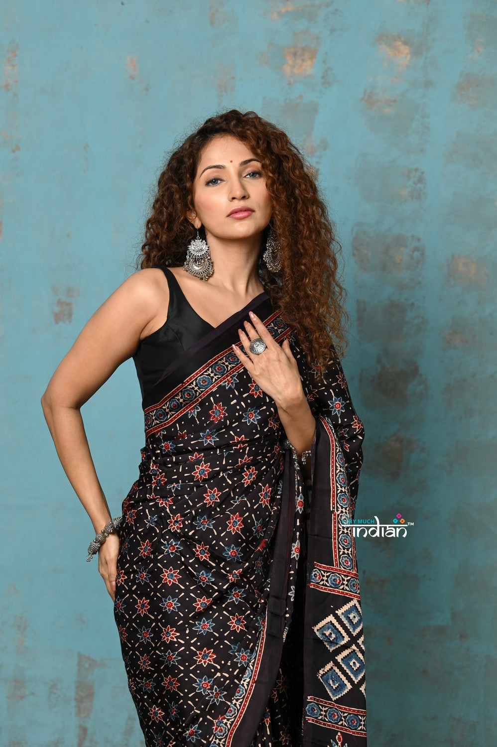 Very Much Indian Handloom Modal Silk Saree With Ajrakh Handblock Print With Eco-Friendly Vegetable Dye- Black Hue | Swadesiicart