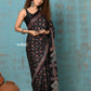 Very Much Indian Handloom Modal Silk Saree With Ajrakh Handblock Print With Eco-Friendly Vegetable Dye- Black Hue | Swadesiicart
