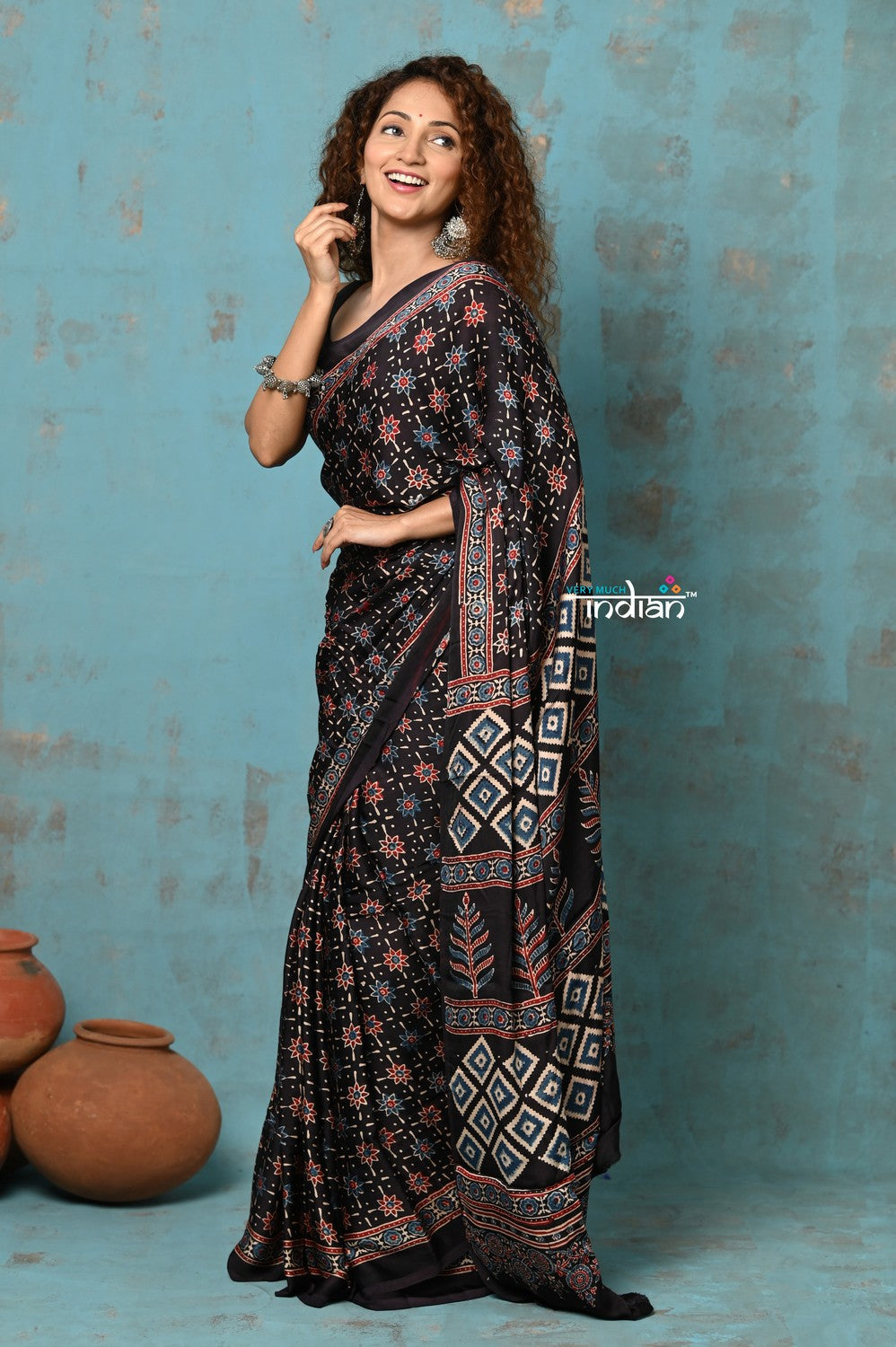 Very Much Indian Handloom Modal Silk Saree With Ajrakh Handblock Print With Eco-Friendly Vegetable Dye- Black Hue | Swadesiicart