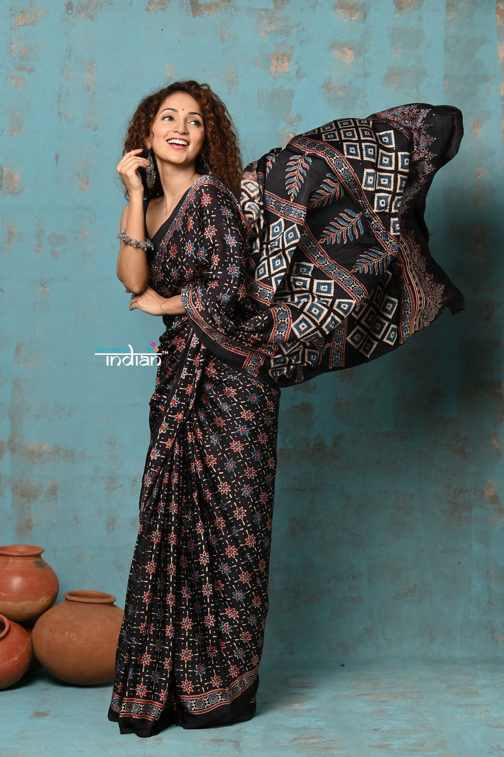 Very Much Indian Handloom Modal Silk Saree With Ajrakh Handblock Print With Eco-Friendly Vegetable Dye- Black Hue | Swadesiicart