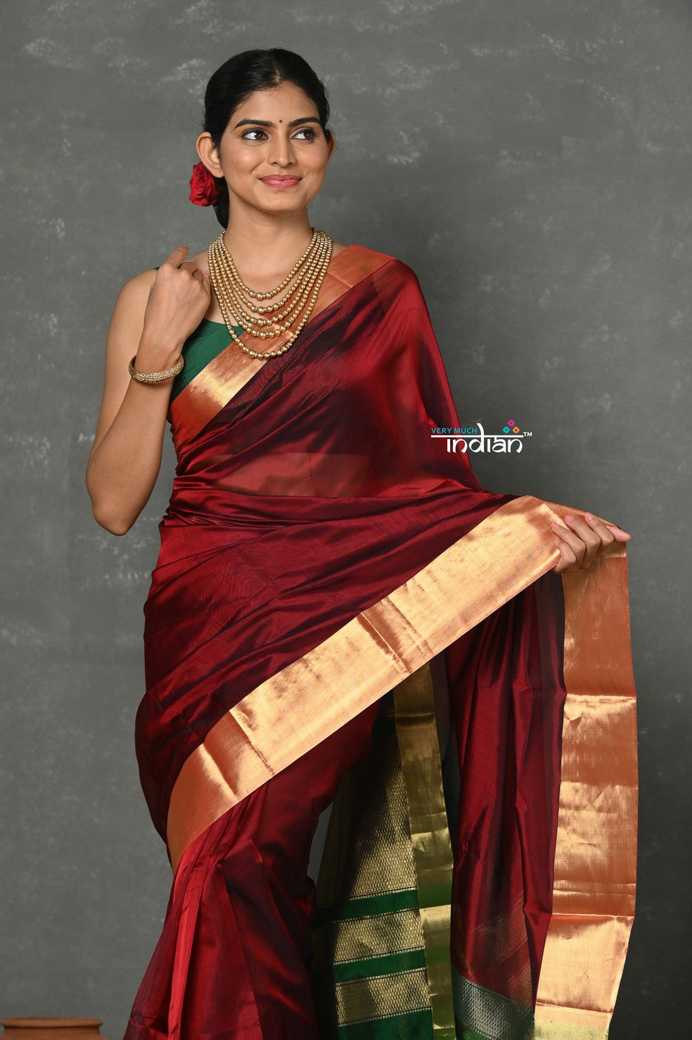Very Much Indian Handloom Pure Cotton Silk Saree With Golden Border - Maroon | Swadesiicart