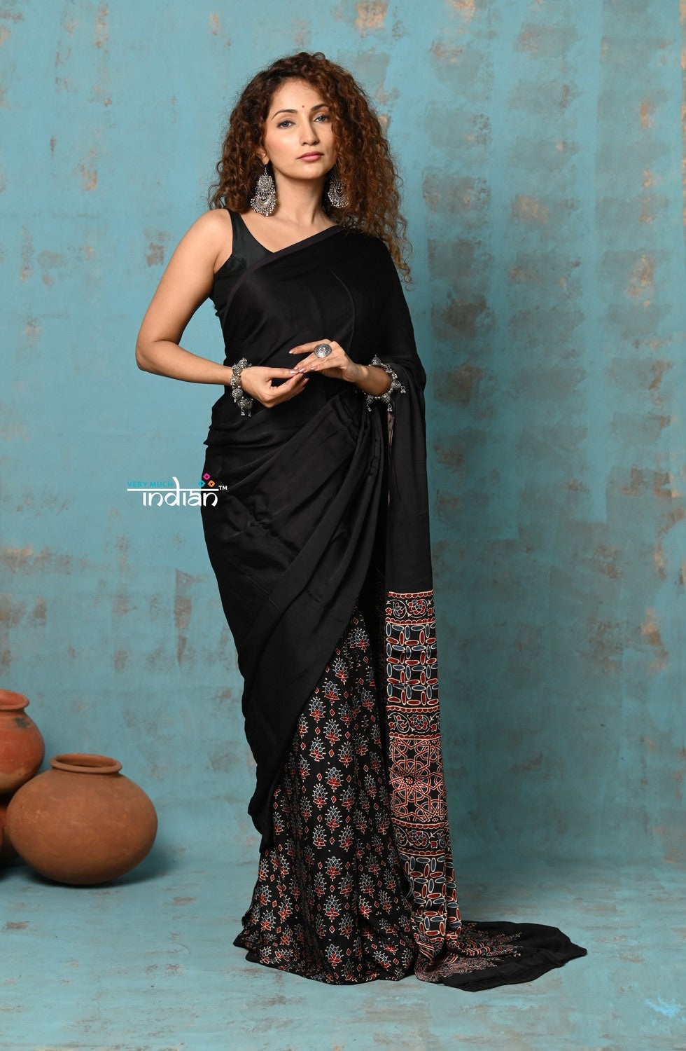 Very Much Indian Handloom Modal Silk Saree With Ajrakh Handblock Print With Eco-Friendly Vegetable Dye - Serene Black | Swadesiicart