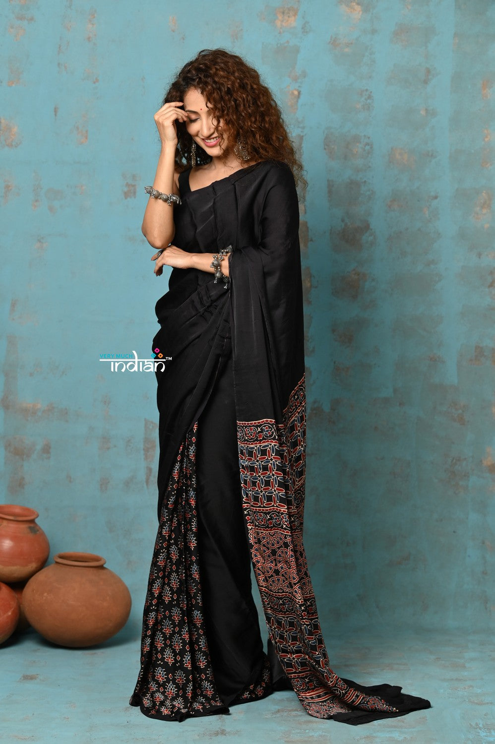 Very Much Indian Handloom Modal Silk Saree With Ajrakh Handblock Print With Eco-Friendly Vegetable Dye - Serene Black | Swadesiicart