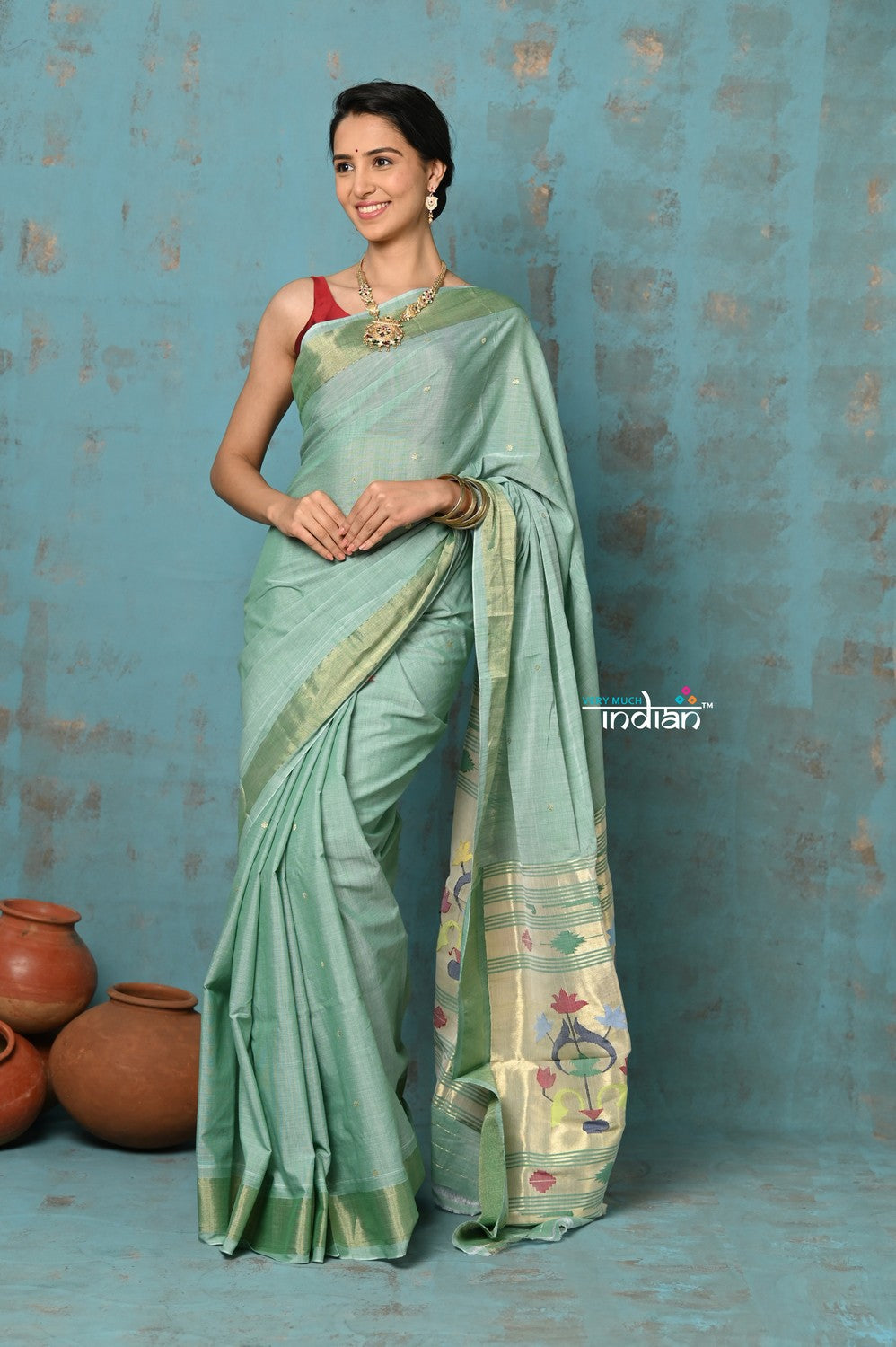 Very Much Indian Tyohaar - Handloom Pure Cotton Paithani With Asawali Pallu - Sea Green | Swadesiicart
