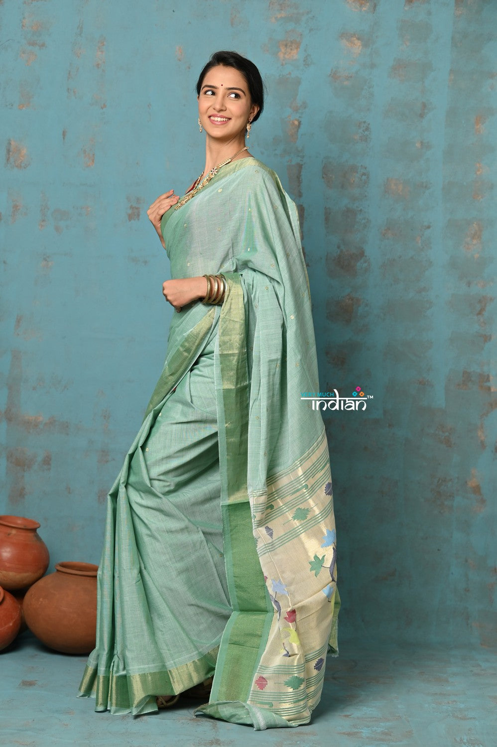 Very Much Indian Tyohaar - Handloom Pure Cotton Paithani With Asawali Pallu - Sea Green | Swadesiicart