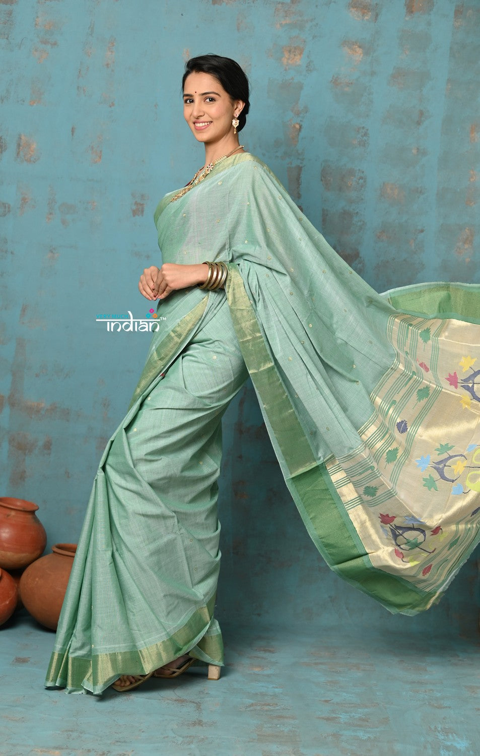 Very Much Indian Tyohaar - Handloom Pure Cotton Paithani With Asawali Pallu - Sea Green | Swadesiicart