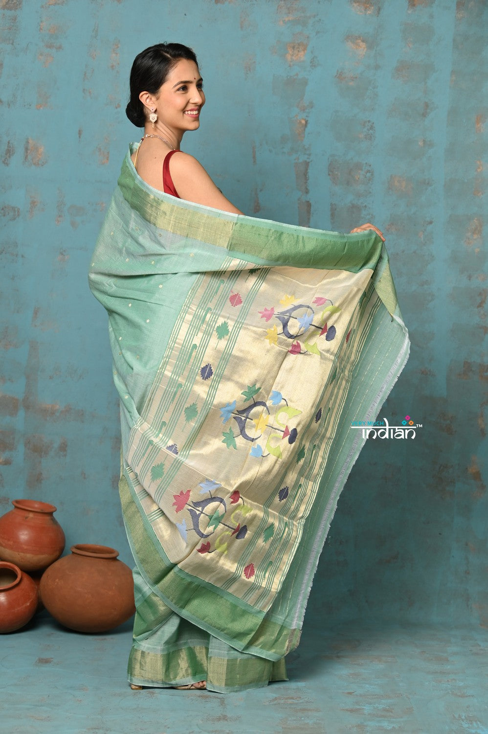 Very Much Indian Tyohaar - Handloom Pure Cotton Paithani With Asawali Pallu - Sea Green | Swadesiicart