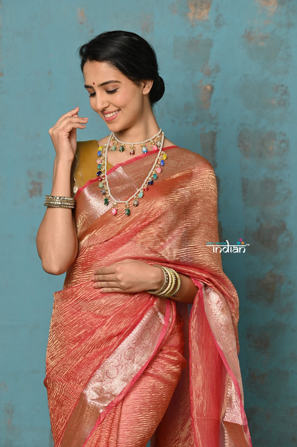 Very Much Indian Tyohaar - Exclusive! Banarasi Handloom Crushed - Pure Tissue Silk Saree - Serene Peachy Orange (Silk Mark Certified) | Swadesiicart