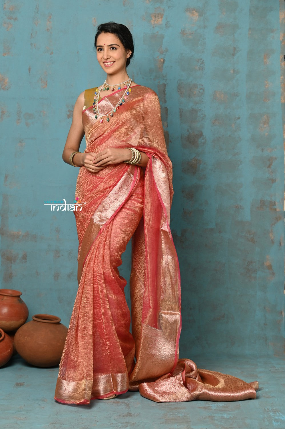 Very Much Indian Tyohaar - Exclusive! Banarasi Handloom Crushed - Pure Tissue Silk Saree - Serene Peachy Orange (Silk Mark Certified) | Swadesiicart