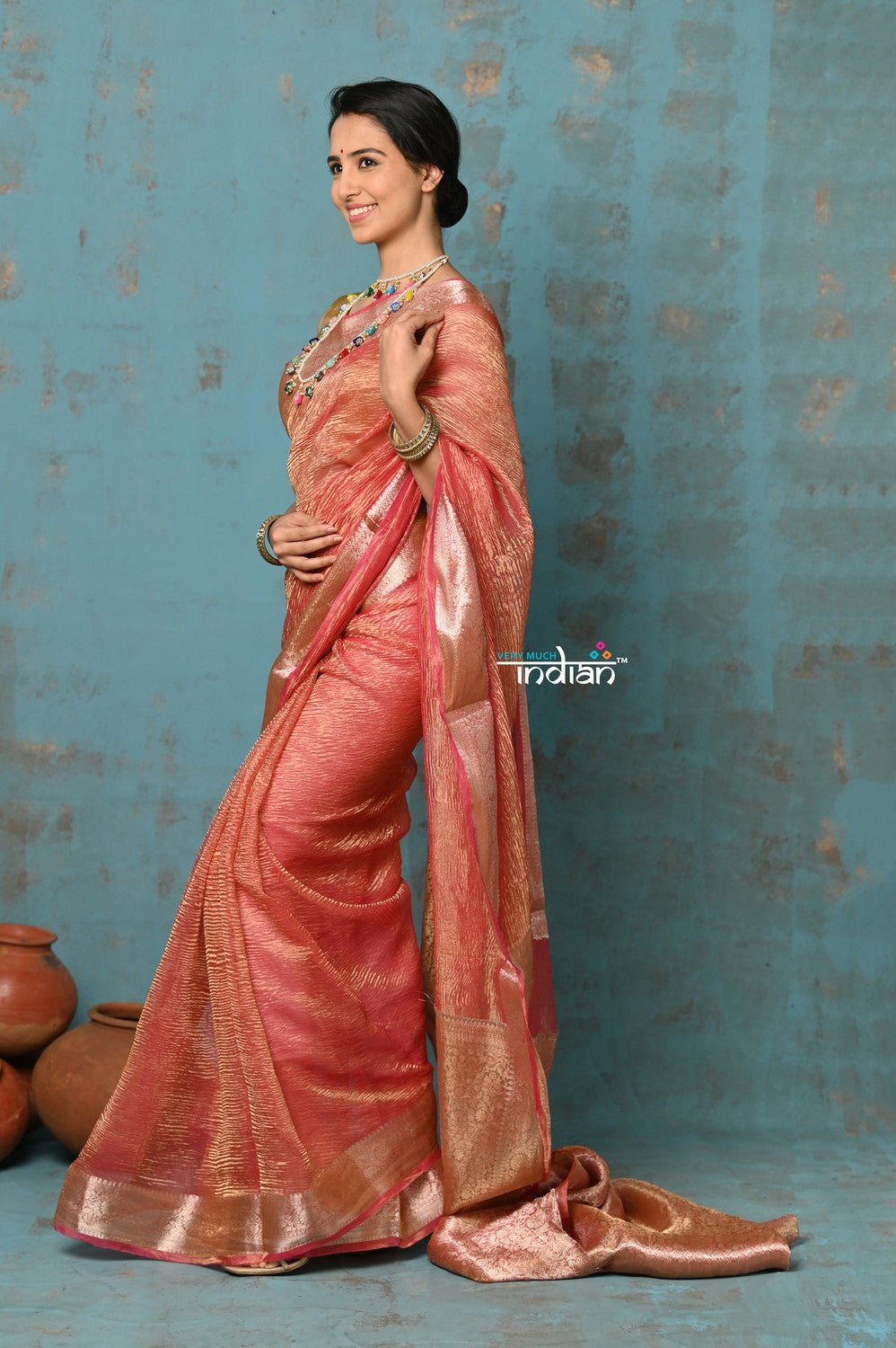 Very Much Indian Tyohaar - Exclusive! Banarasi Handloom Crushed - Pure Tissue Silk Saree - Serene Peachy Orange (Silk Mark Certified) | Swadesiicart