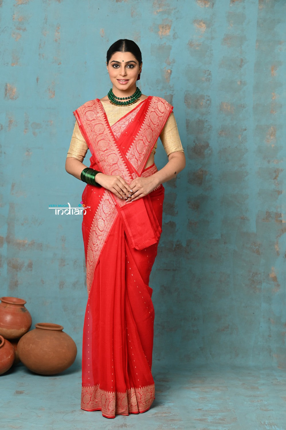 Very Much Indian Suhaani - Handloom Khaddi Georgette Saree With Sleek Border - Red (Silk Mark) | Swadesiicart