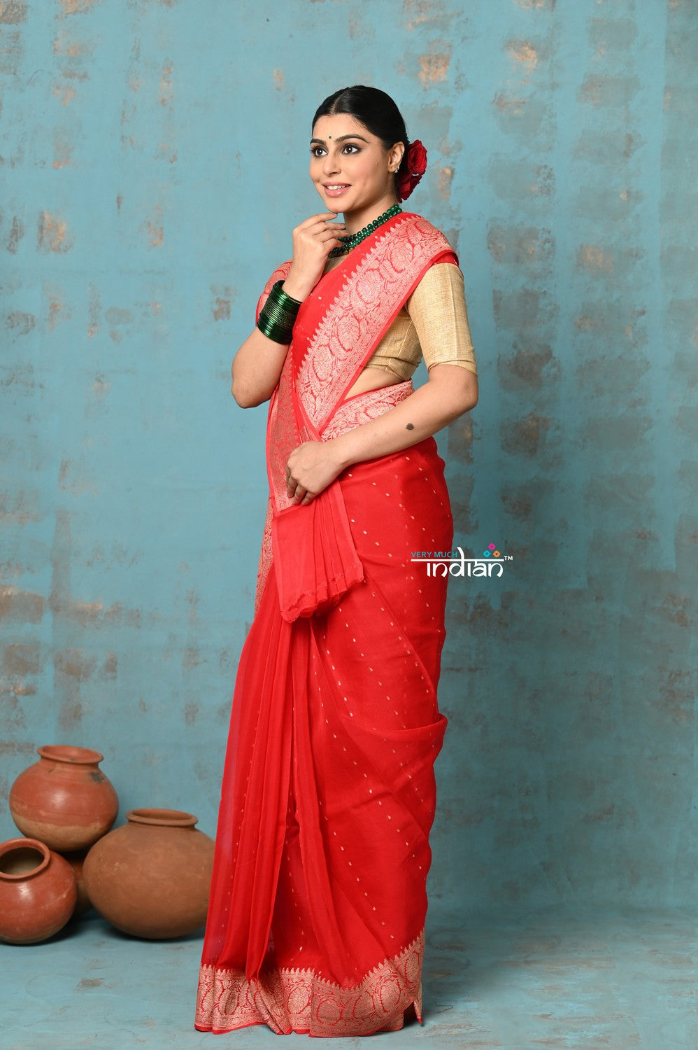 Very Much Indian Suhaani - Handloom Khaddi Georgette Saree With Sleek Border - Red (Silk Mark) | Swadesiicart