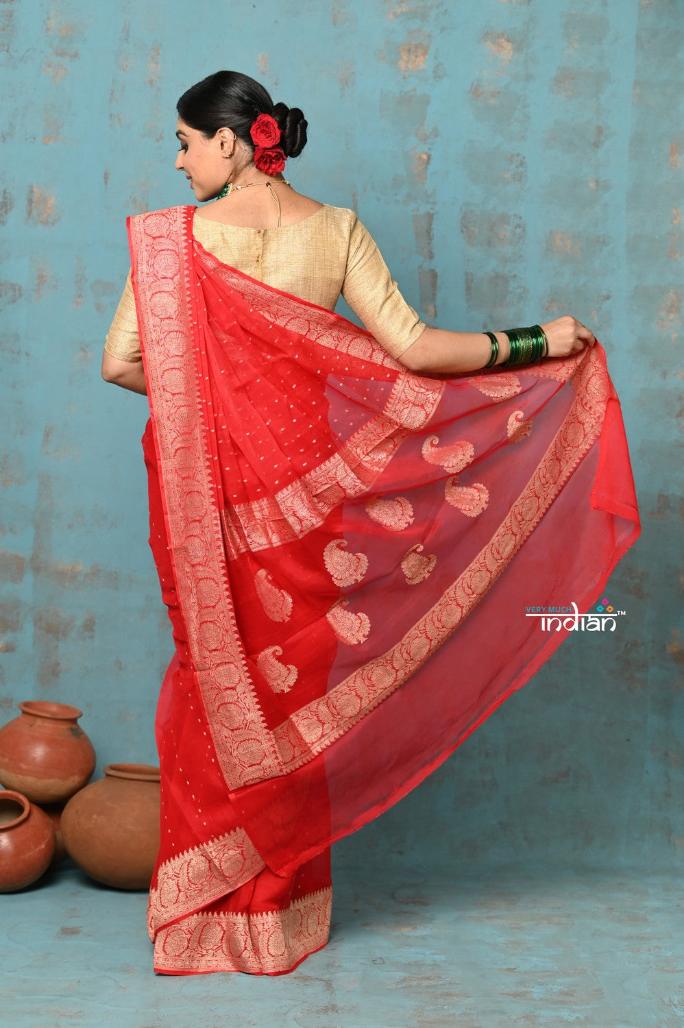 Very Much Indian Suhaani - Handloom Khaddi Georgette Saree With Sleek Border - Red (Silk Mark) | Swadesiicart
