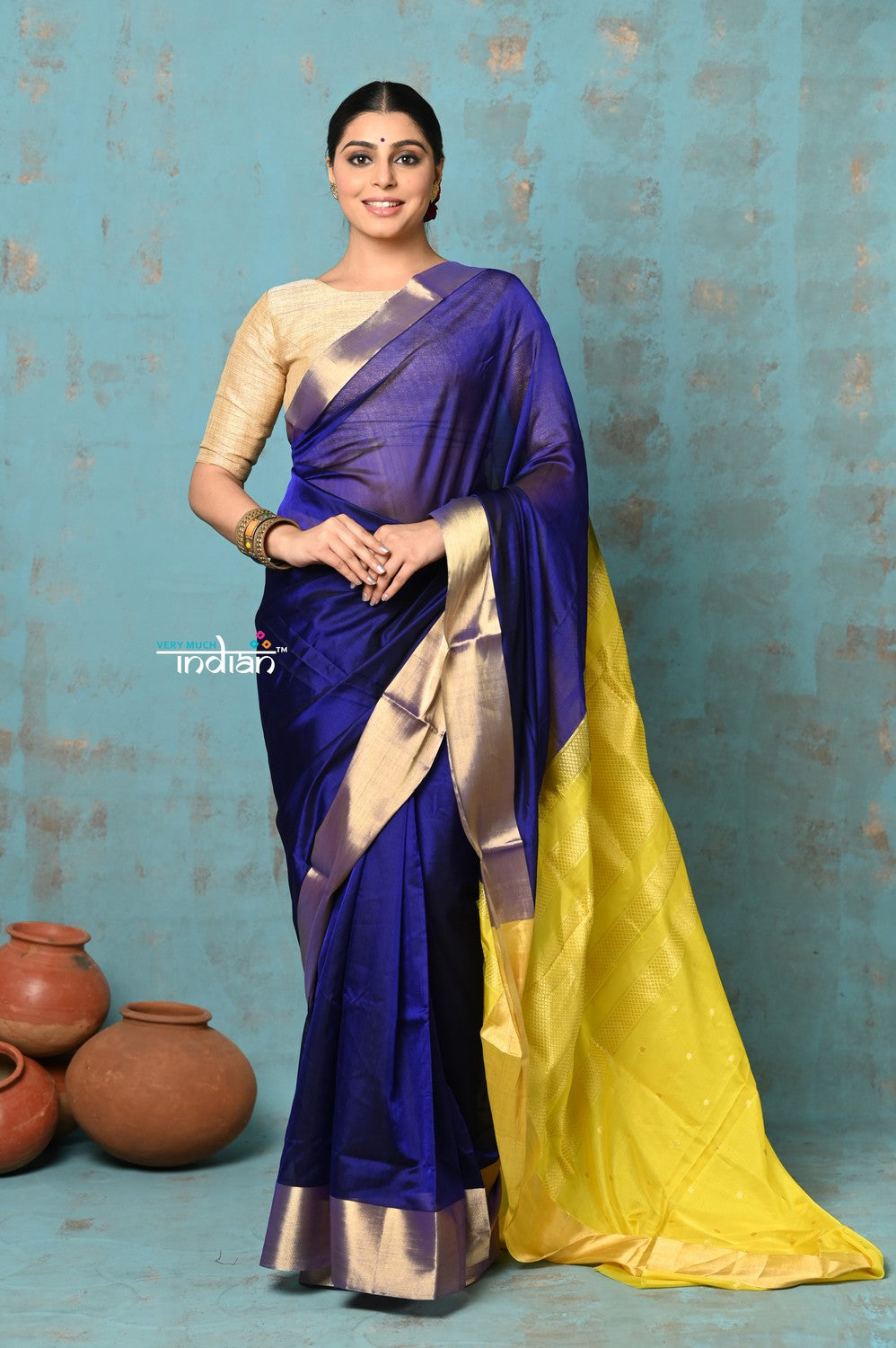 Very Much Indian Prerna - Handloom Pure Chanderi Cotton Silk Saree With Golden Border - Royal Blue | Swadesiicart