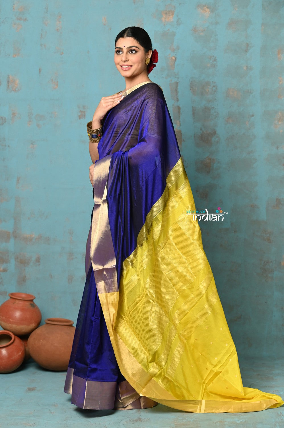 Very Much Indian Prerna - Handloom Pure Chanderi Cotton Silk Saree With Golden Border - Royal Blue | Swadesiicart