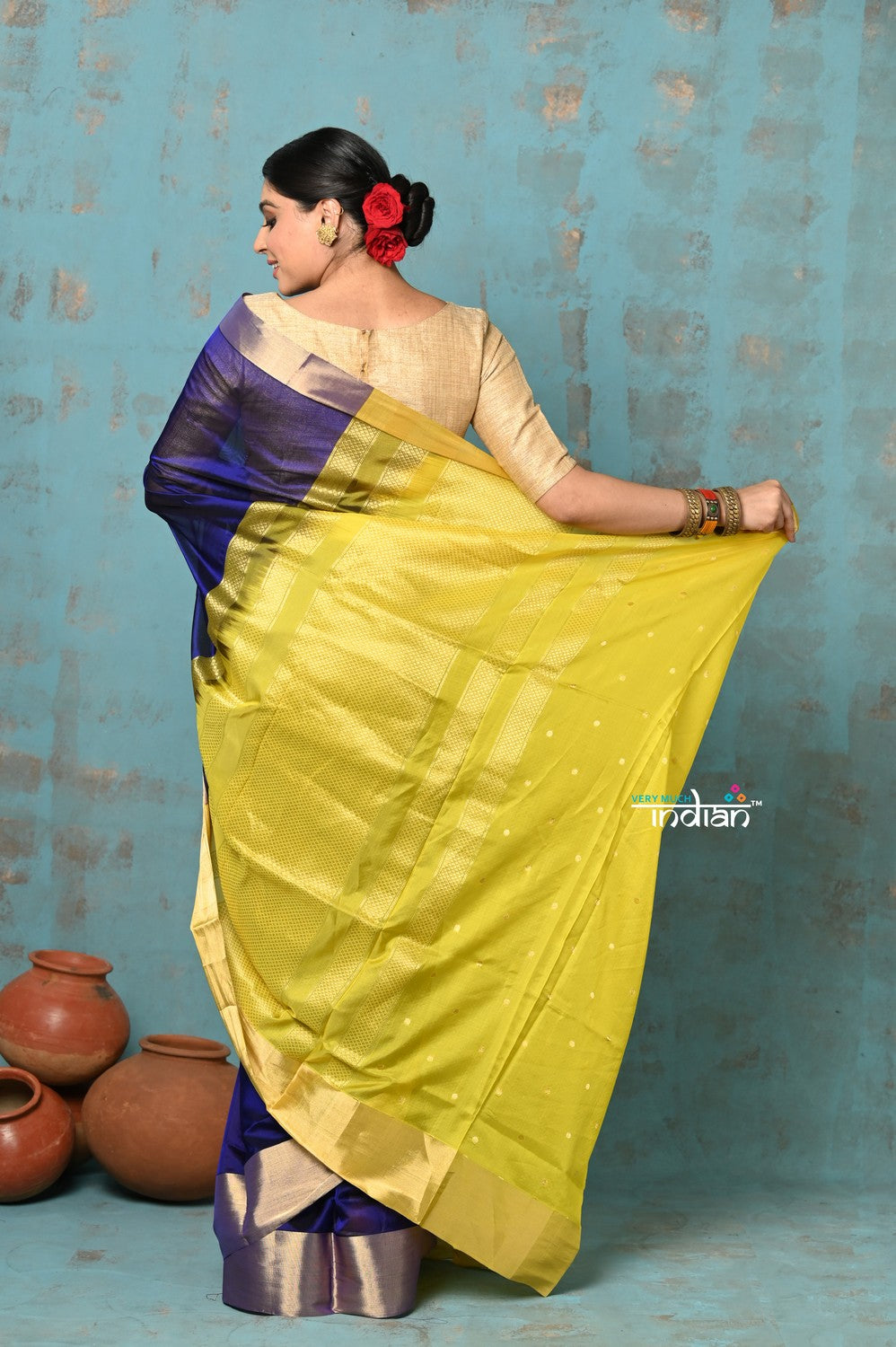 Very Much Indian Prerna - Handloom Pure Chanderi Cotton Silk Saree With Golden Border - Royal Blue | Swadesiicart