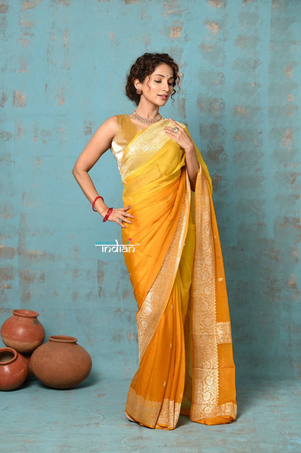Very Much Indian Suhaani - Handloom Khaddi Georgette Saree With Sleek Border - Ombre Yellow (Silk Mark) | Swadesiicart