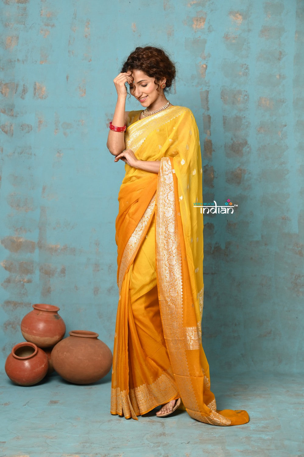 Very Much Indian Suhaani - Handloom Khaddi Georgette Saree With Sleek Border - Ombre Yellow (Silk Mark) | Swadesiicart