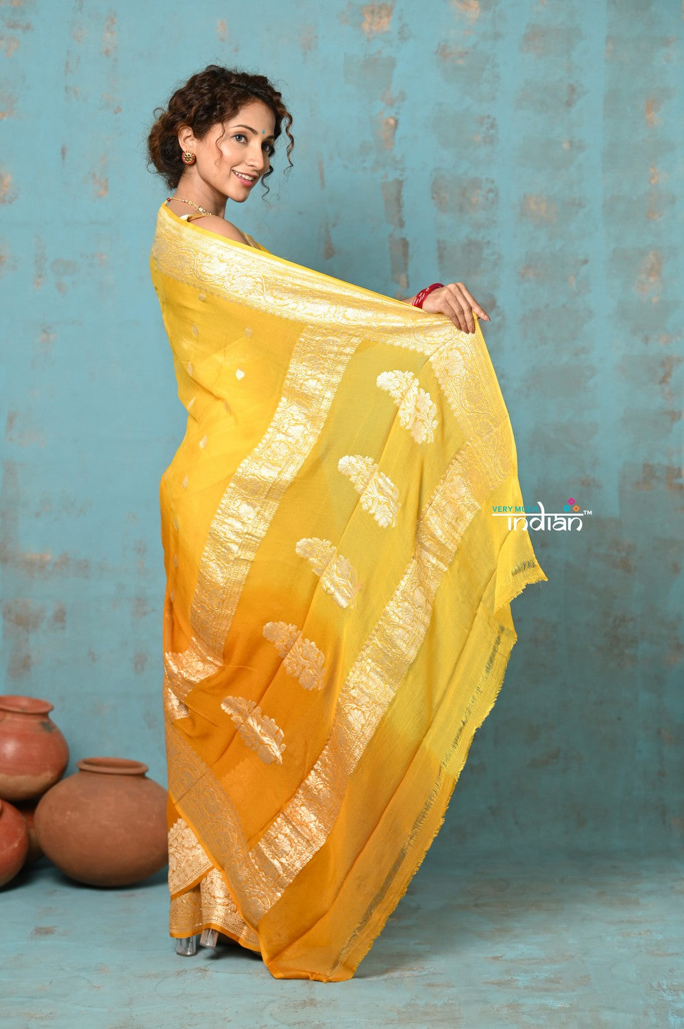 Very Much Indian Suhaani - Handloom Khaddi Georgette Saree With Sleek Border - Ombre Yellow (Silk Mark) | Swadesiicart