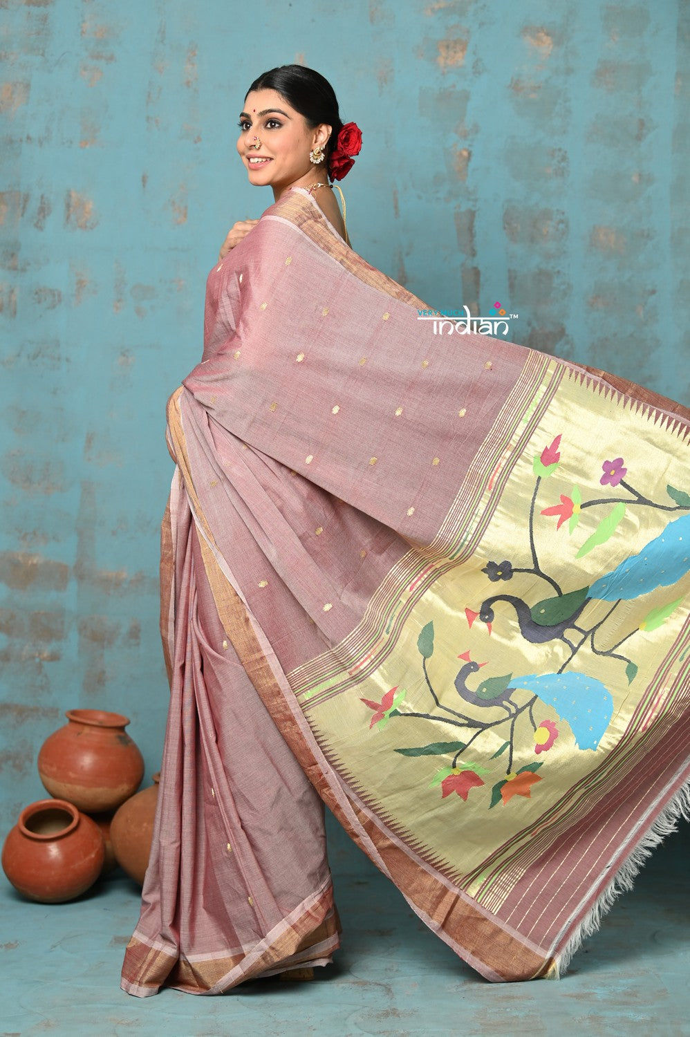 Very Much Indian Tyohaar - Handloom Pure Cotton Paithani With Peacock Pallu - Rose Gold | Swadesiicart