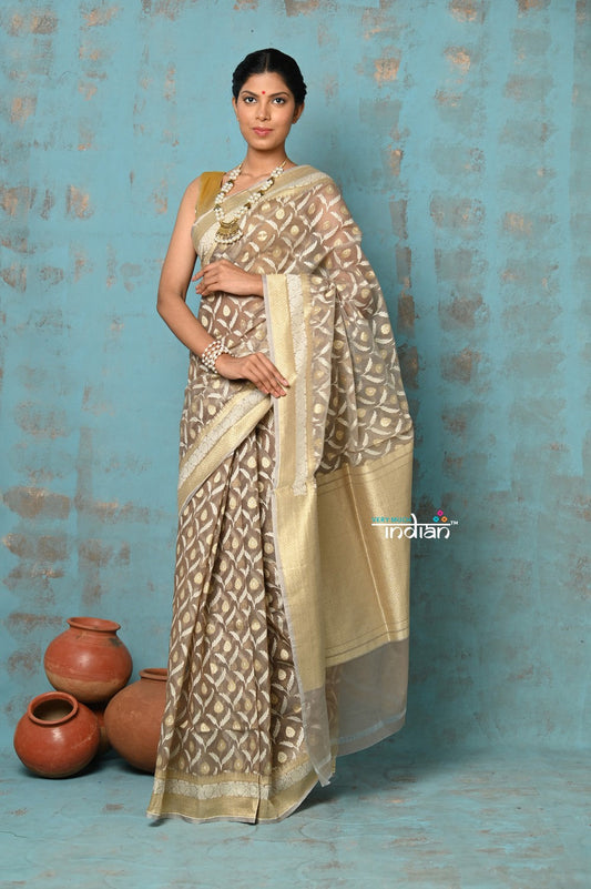 Very Much Indian Tejaswi - Exclusive High Quality Handloom Banarasi Cotton Saree with Beautiful Abstract Print- Warm Slate | Swadesiicart