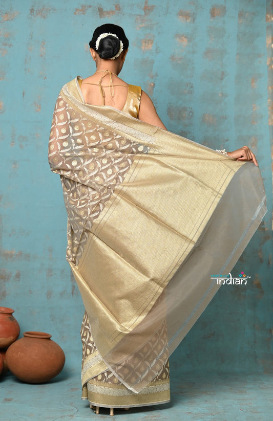 Very Much Indian Tejaswi - Exclusive High Quality Handloom Banarasi Cotton Saree with Beautiful Abstract Print- Warm Slate | Swadesiicart