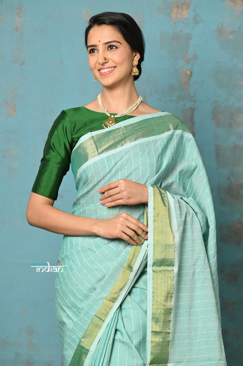 Very Much Indian Tyohaar - Handloom Pure Cotton Paithani With Revival Asawali Pallu - Sea Blue | Swadesiicart