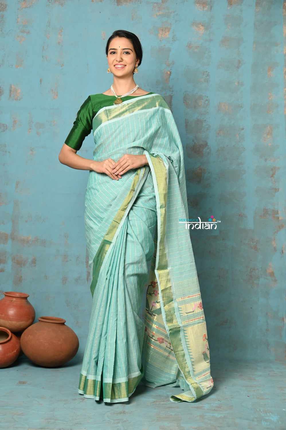 Very Much Indian Tyohaar - Handloom Pure Cotton Paithani With Revival Asawali Pallu - Sea Blue | Swadesiicart