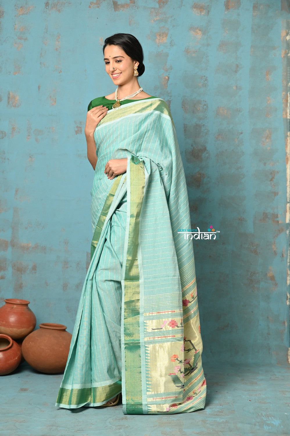 Very Much Indian Tyohaar - Handloom Pure Cotton Paithani With Revival Asawali Pallu - Sea Blue | Swadesiicart