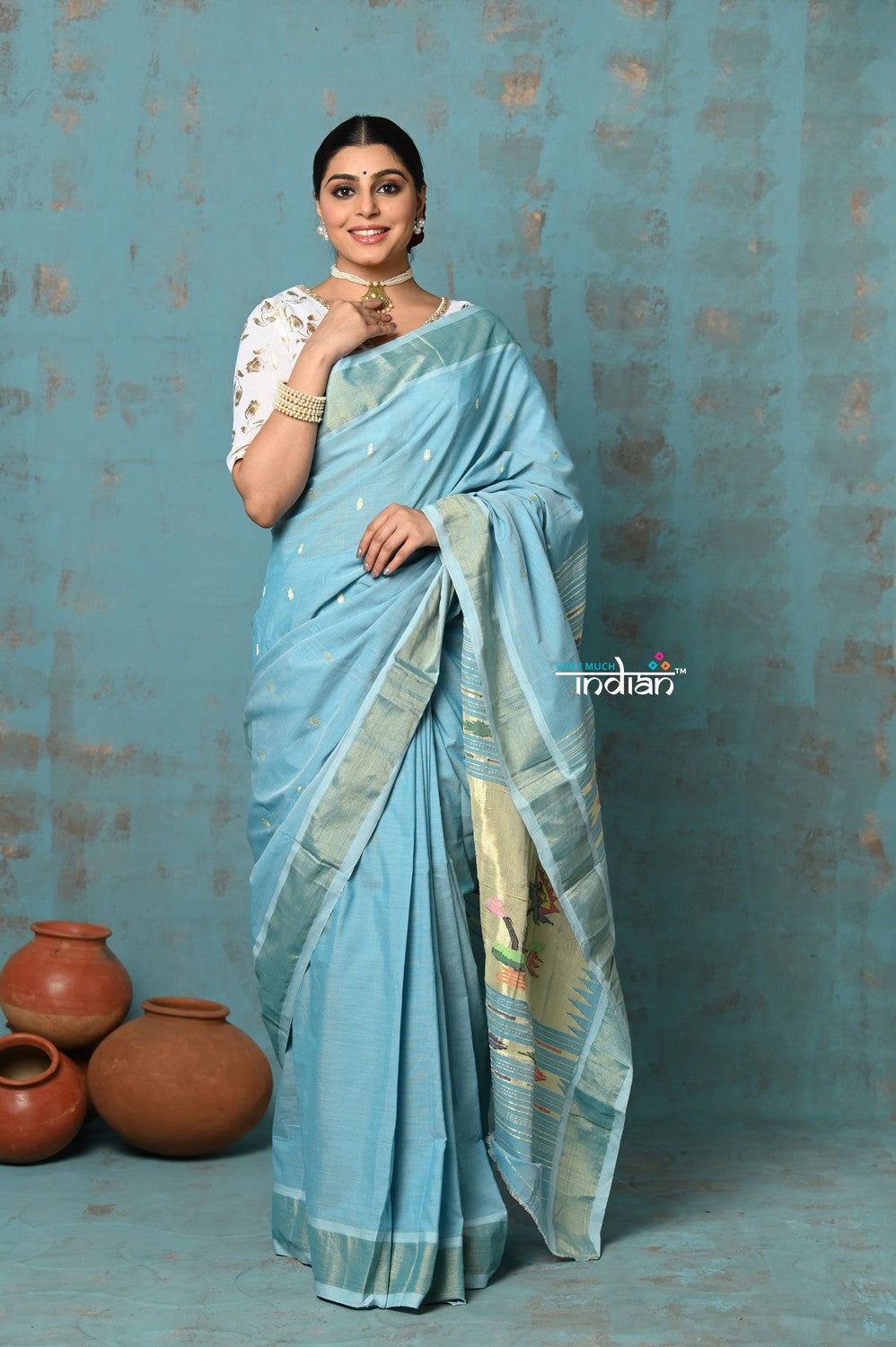 Very Much Indian Tyohaar - Handloom Pure Cotton Paithani With Lotus Pallu - Sky Blue | Swadesiicart