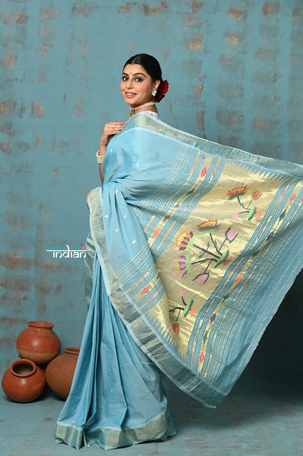 Very Much Indian Tyohaar - Handloom Pure Cotton Paithani With Lotus Pallu - Sky Blue | Swadesiicart