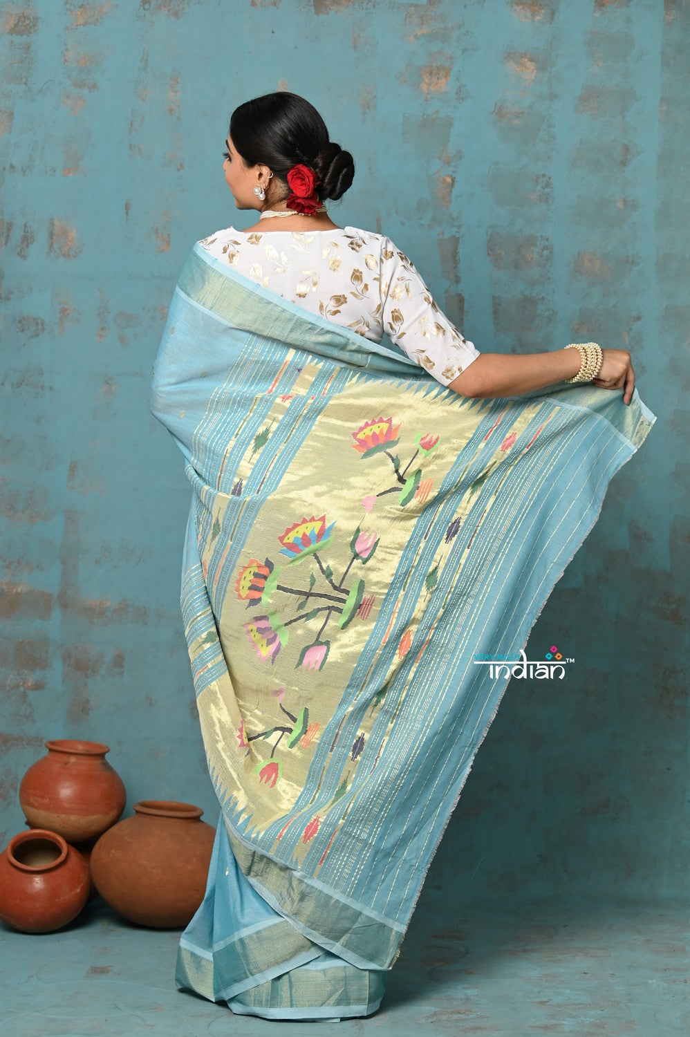 Very Much Indian Tyohaar - Handloom Pure Cotton Paithani With Lotus Pallu - Sky Blue | Swadesiicart