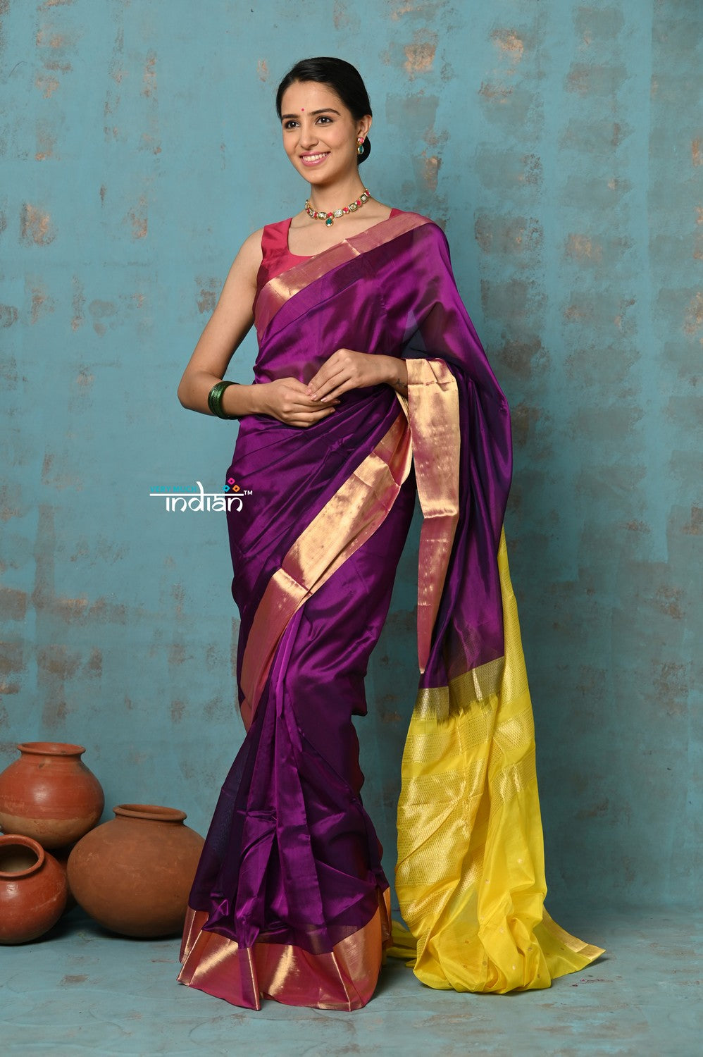 Very Much Indian Prerna - Handloom Pure Chanderi Cotton Silk Saree With Golden Border - Soft Plum | Swadesiicart