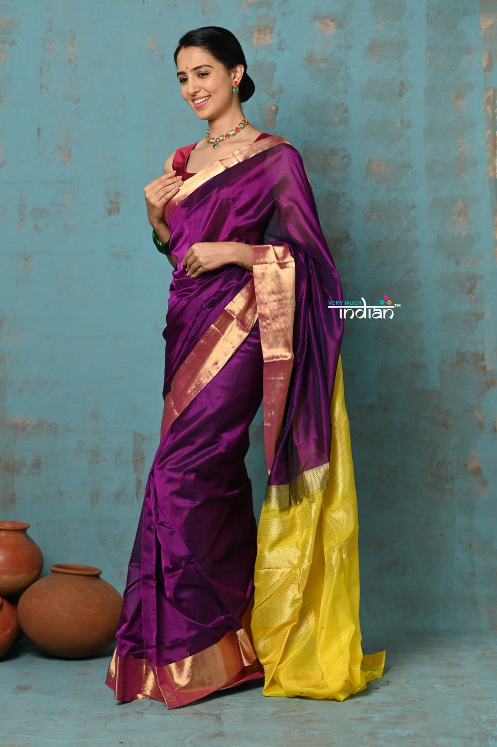 Very Much Indian Prerna - Handloom Pure Chanderi Cotton Silk Saree With Golden Border - Soft Plum | Swadesiicart