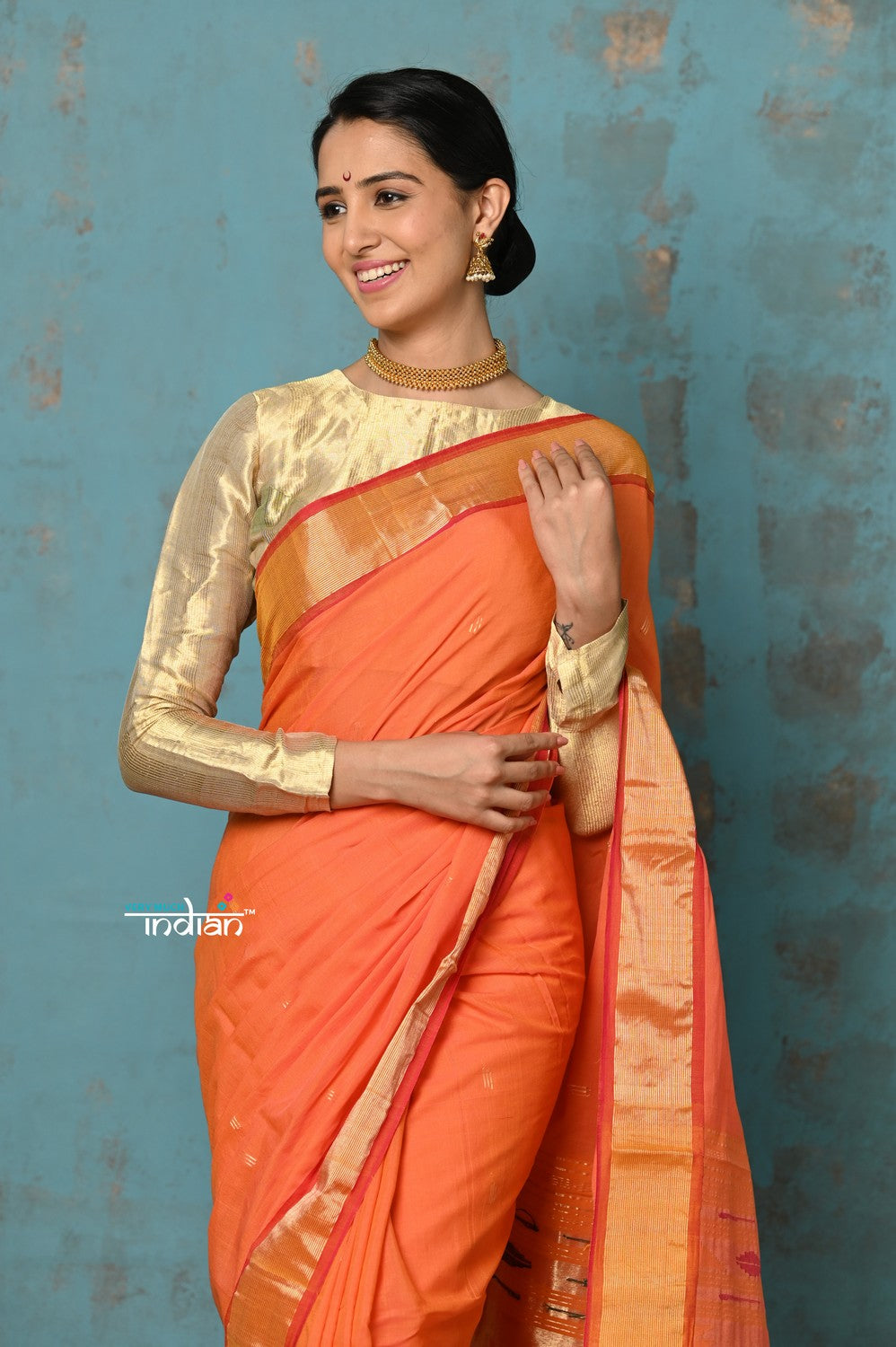 Very Much Indian Tyohaar - Handloom Pure Cotton Paithani With Asawali Pallu - Serene Orange | Swadesiicart
