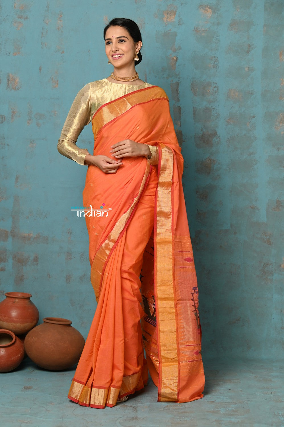 Very Much Indian Tyohaar - Handloom Pure Cotton Paithani With Asawali Pallu - Serene Orange | Swadesiicart