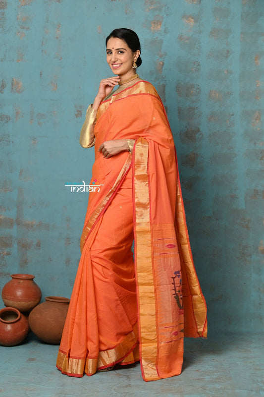 Very Much Indian Tyohaar - Handloom Pure Cotton Paithani With Asawali Pallu - Serene Orange | Swadesiicart