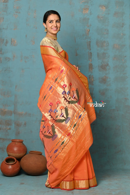 Very Much Indian Tyohaar - Handloom Pure Cotton Paithani With Asawali Pallu - Serene Orange | Swadesiicart