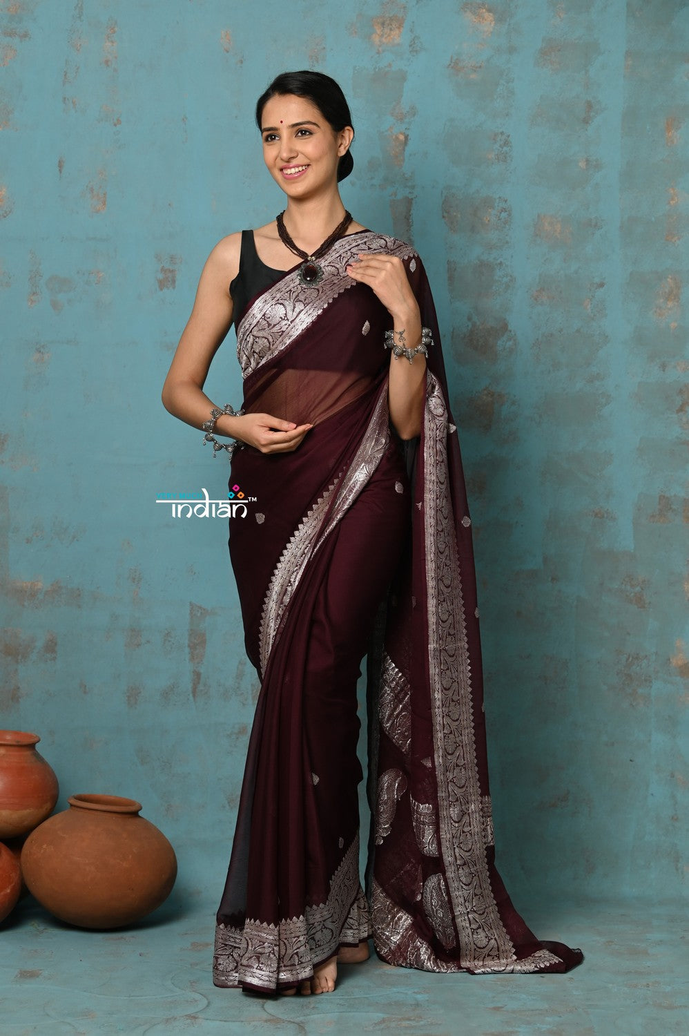 Very Much Indian Suhaani - Handloom Khaddi Georgette Saree With Sleek Border - Maroon (Silk Mark) | Swadesiicart