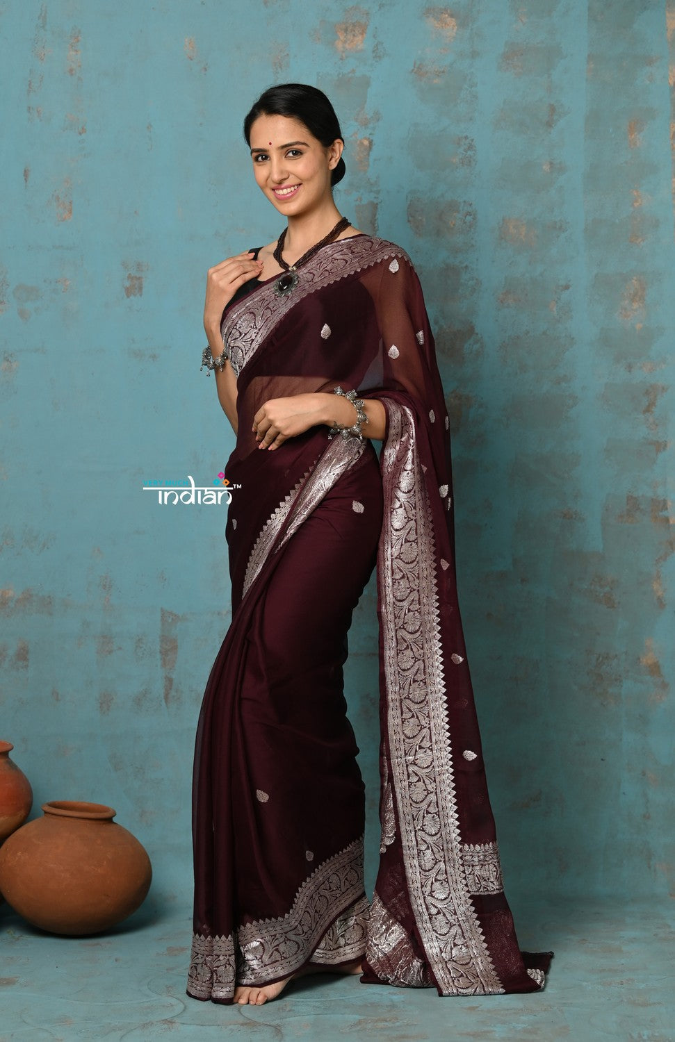 Very Much Indian Suhaani - Handloom Khaddi Georgette Saree With Sleek Border - Maroon (Silk Mark) | Swadesiicart