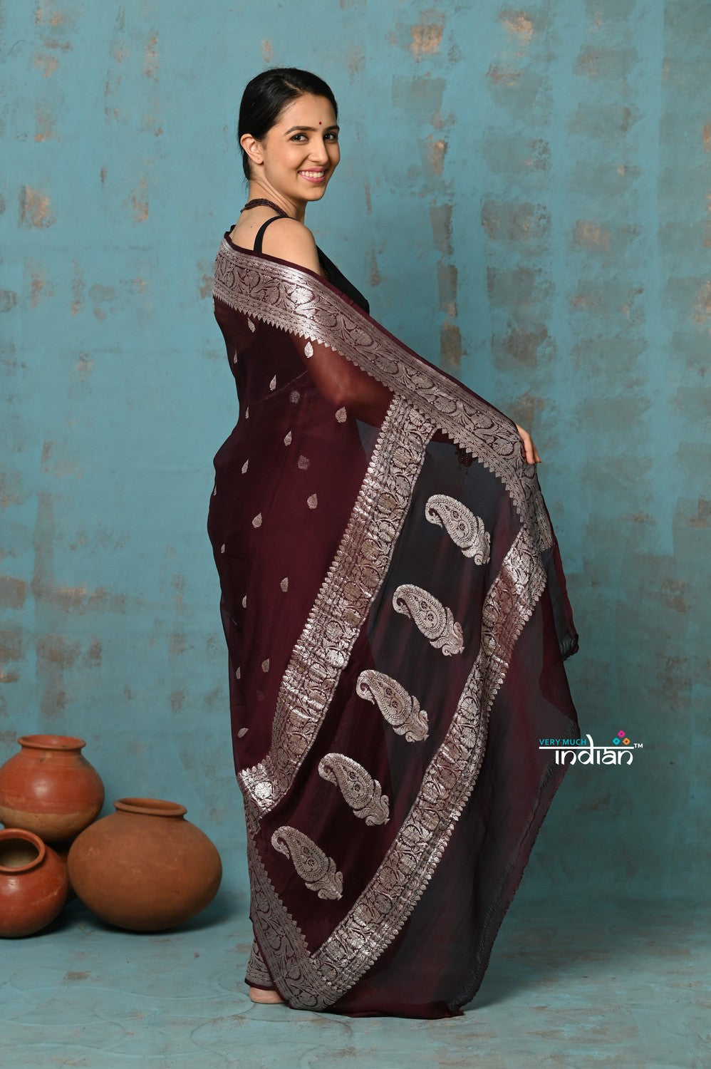 Very Much Indian Suhaani - Handloom Khaddi Georgette Saree With Sleek Border - Maroon (Silk Mark) | Swadesiicart